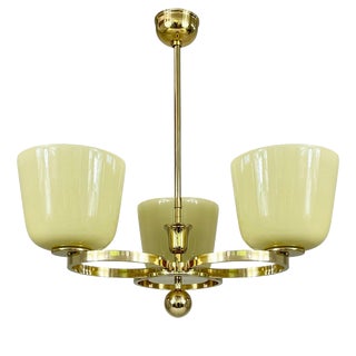 Art Deco Opaline Glass and Brass Chandelier, Germany, 1930s For Sale
