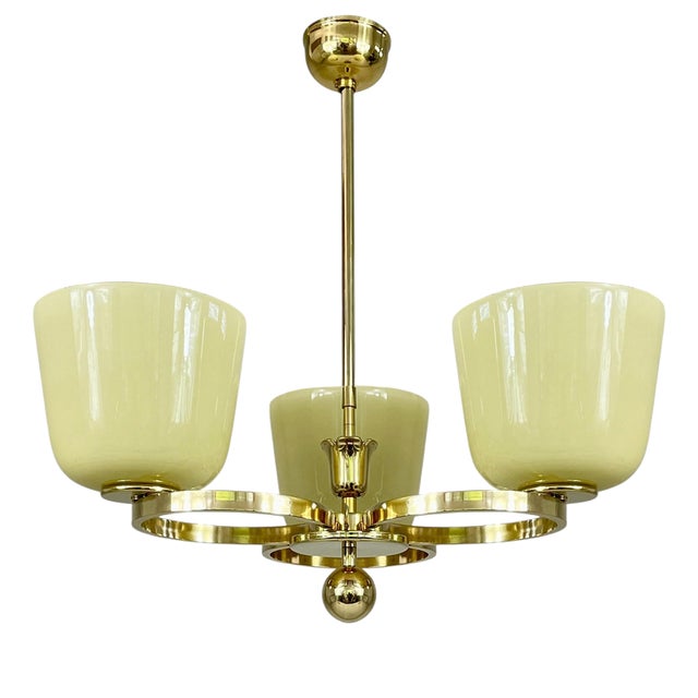 Art Deco Opaline Glass and Brass Chandelier, Germany, 1930s For Sale