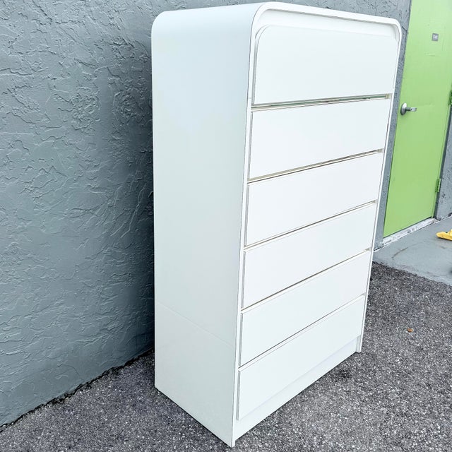 Postmodern White Gloss Laminate Waterfall Highboy Dresser For Sale - Image 4 of 11