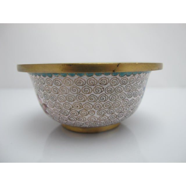 Early 20th Century Chinese Small Cloisonne Flower Branch Green Interior Bowl Pair For Sale - Image 5 of 9