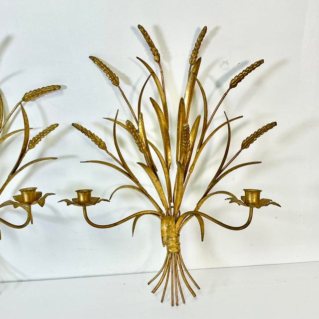 1950s Vintage Italian Hollywood Regency Wheat Sheaf Candle Holder Sconces - A Pair, 2 Arm For Sale - Image 9 of 17