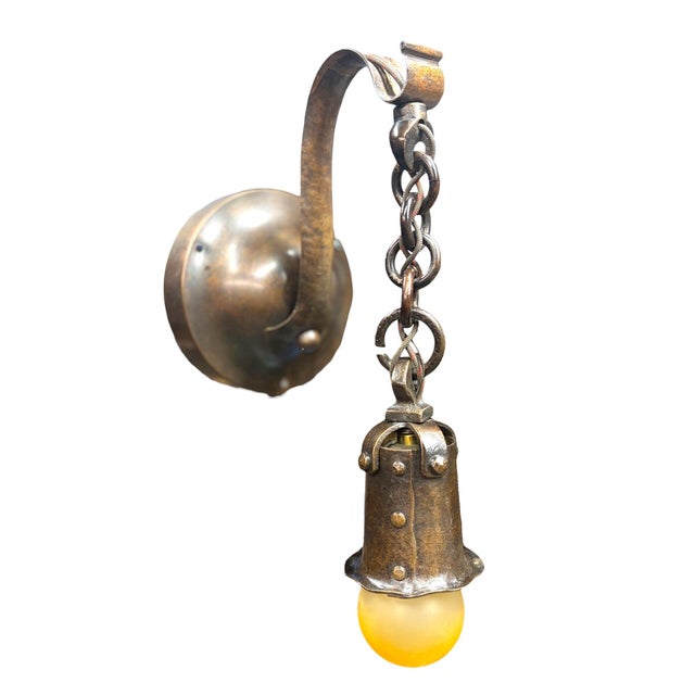 Hammered Exposed Bulb Arts and Crafts Wall Sconce in Patinated Bronze For Sale In Los Angeles - Image 6 of 9