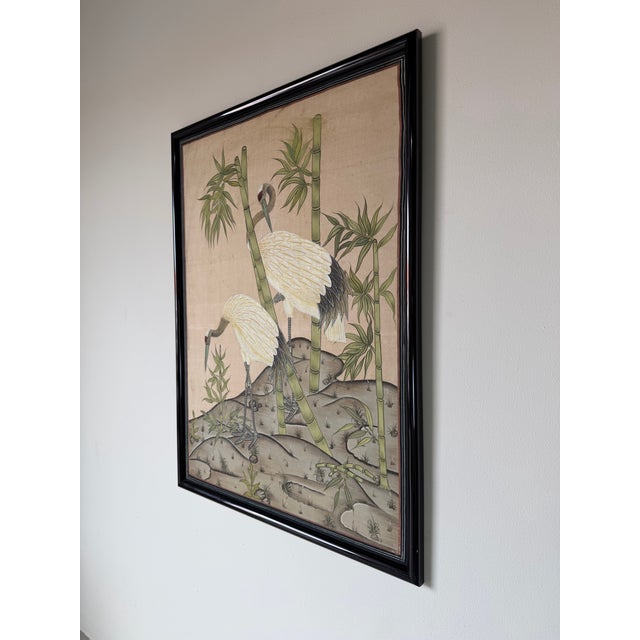 1970s Vintage Japanese Red-Crowned Cranes in Bamboo Garden Tropical Landscape Art Painted Silk Scroll For Sale - Image 5 of 12