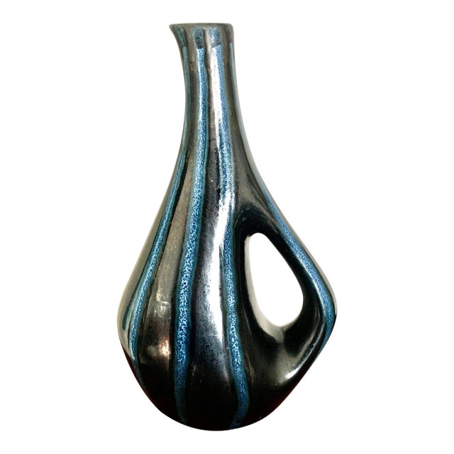 1960s Mid Century Modern European Studio Blue Striped Vase For Sale