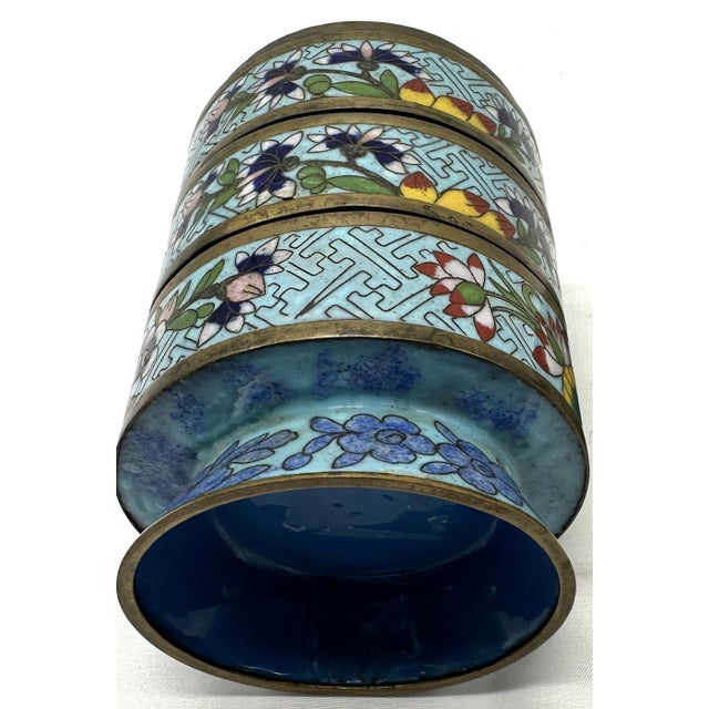 Antique 19th Century Chinese Cloisonné Stacking Box, Late Qing Dynasty, Blue Enamel, Scholar Accessory For Sale - Image 15 of 15