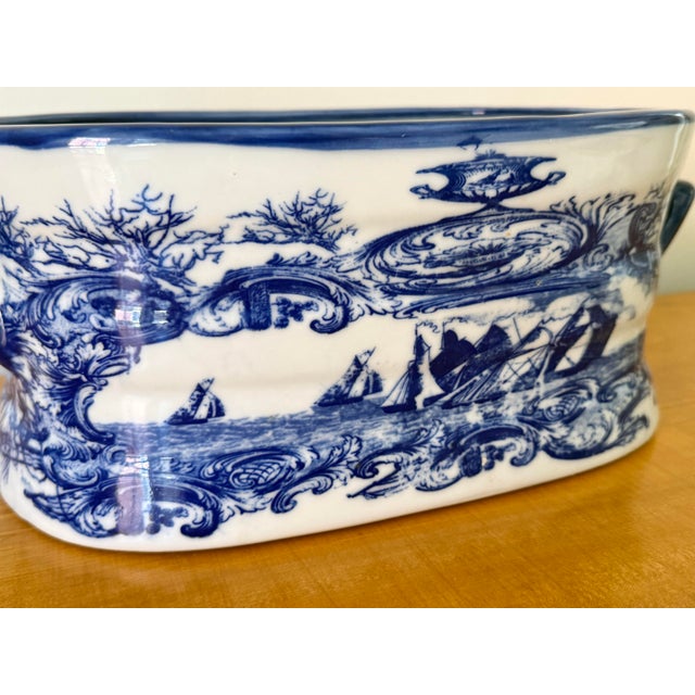 English 1980s Nautical Blue and White Transferware Foot Bath Planter For Sale - Image 3 of 11