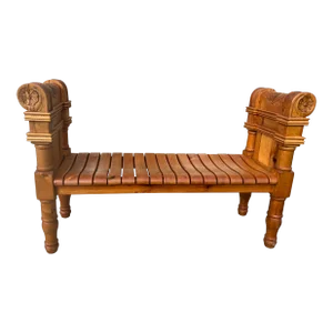 1930s Antique Pine Directoire Bentwood Slats Hand Carved Wood Bench