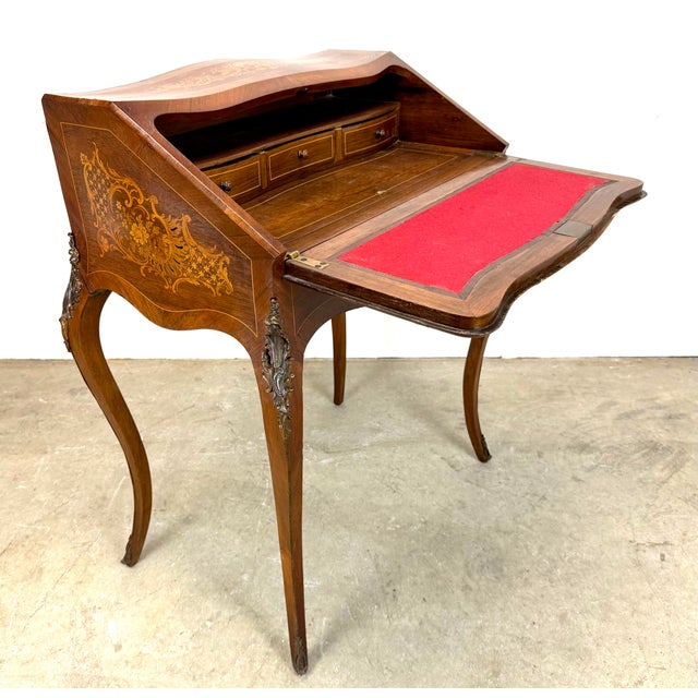 Antique French Louis XV Style Ormolu Mounted Marquetry Inlaid Slant Front Ladies Desk For Sale - Image 12 of 12