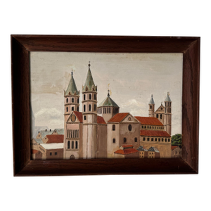 1960 Vintage “Worms Cathedral” European Architectural Oil Painting on Board, Framed