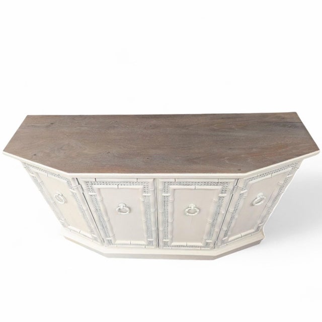 Chinoiserie Vintage Coastal Faux Bamboo Credenza With Driftwood Style Top For Sale - Image 3 of 17