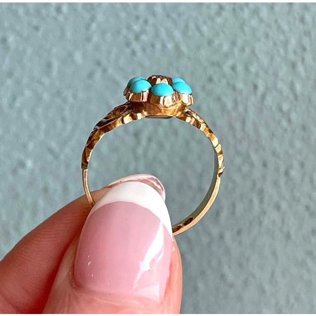 Metal Late 19th Century Victorian Turquoise Diamond Forget-Me-Not Ring Locket Back 15k Size 6.5 For Sale - Image 7 of 11