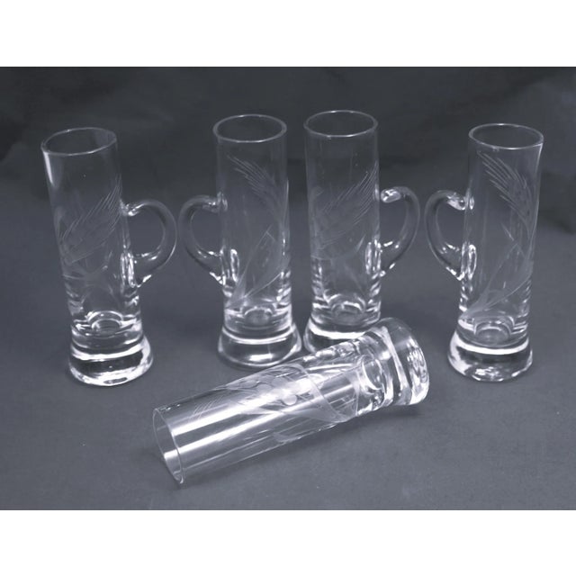 Traditional Mid Century Hand Blown Crystal Etched Vodka Cordial Glasses With Applied Handles- Set of 5 For Sale - Image 3 of 12