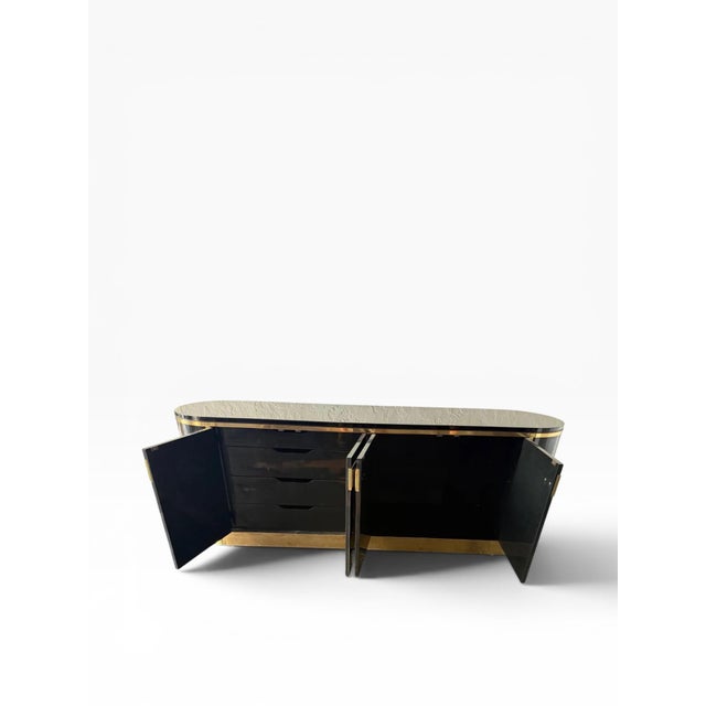 Black 1970s Rare Mastercraft Brass Shield Pull Credenza — Racetrack Form For Sale - Image 8 of 18