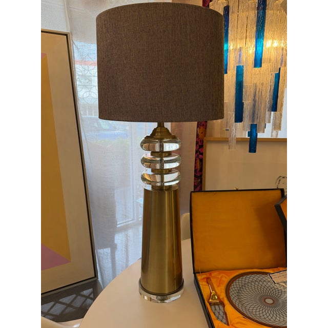 Brass Brass Finish and Lucite Lamp Custom Shade For Sale - Image 8 of 9
