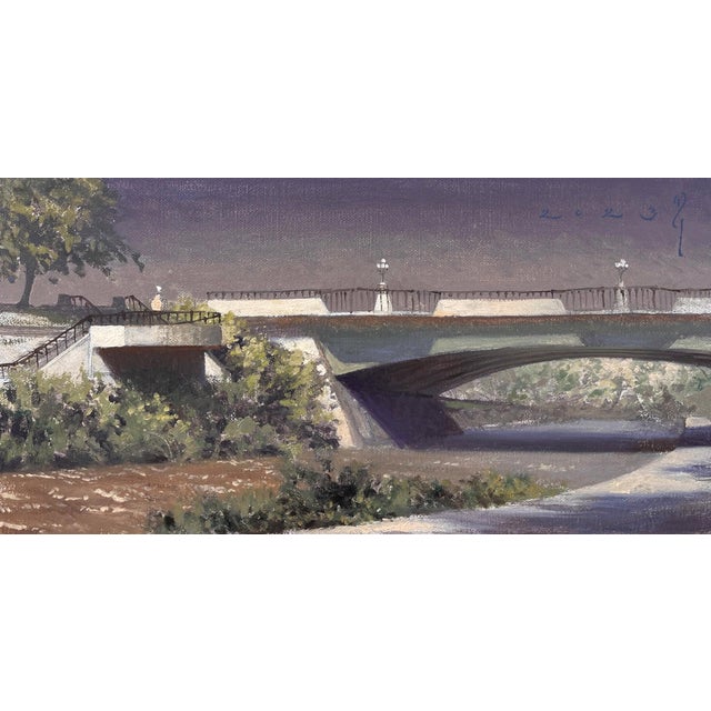 Cherry Creek off Speer by Diego Glazer | Oil on Board Painting of a bridge over a creek For Sale