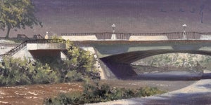 Cherry Creek off Speer by Diego Glazer | Oil on Board Painting of a bridge over a creek