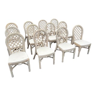 1980s White Rattan Lattice Back Dining Chairs- Set of 12 For Sale