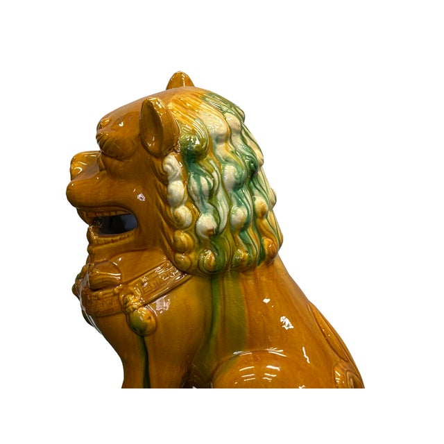 Pair Chinese Tri-Color Mustard Yellow Glaze Fengshui Lions Foo Dogs For Sale - Image 15 of 15