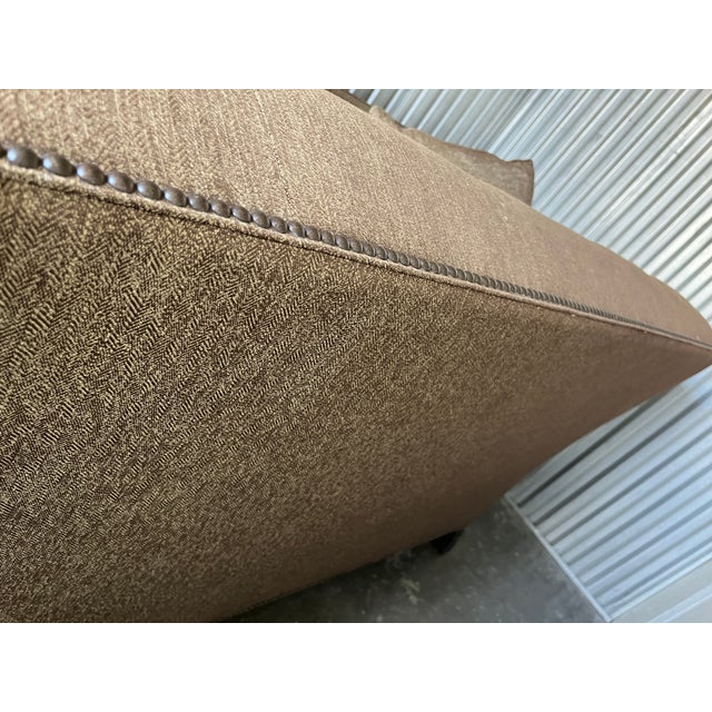 Chestnut Hickory Chair Custom Upholstered Loveseat, Chestnut Herringbone With Nailhead Detail For Sale - Image 8 of 9