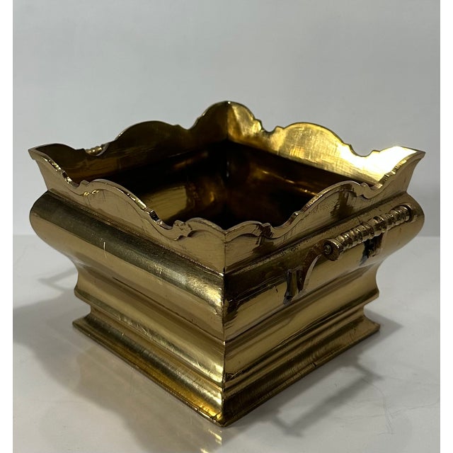 1970’s Solid Brass Monteith Scalloped Edge Square Planter/Cachepot With Handles For Sale - Image 4 of 9