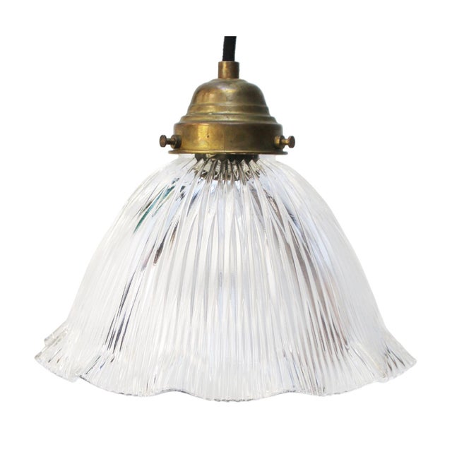 Metal Vintage French Holophane Clear Pressed Glass Pendant Light For Sale - Image 7 of 7