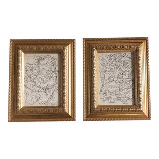 Gallery Wall Collection- 2 Original Wayne Cunningham Ink Drawings Framed-A Pair For Sale