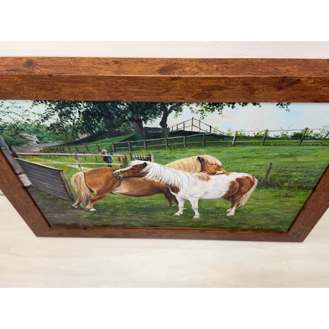 2010s Shetland Groom Original British Equestrian Oil Painting of Two Ponies Framed For Sale - Image 5 of 14