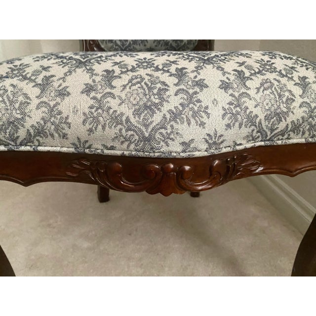 Louis XV Style Bergere Carved Wood and Blue and Dark White Designed Upholstered Chair Vintage For Sale - Image 14 of 16