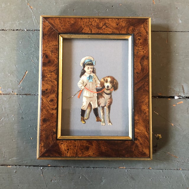 Original Vintage Small “Girl With Dog” Chromosome Litho Victorian Cutout Framed For Sale - Image 4 of 4