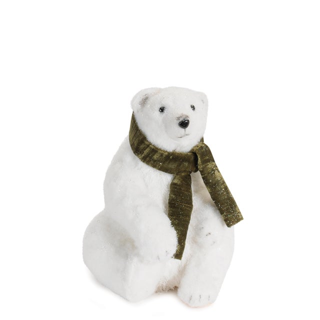 Contemporary Plush Polar Bear Figurines withGreen Scarves (Set of 2) For Sale - Image 3 of 3