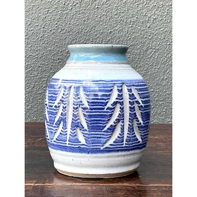 Handcrafted Blue Ceramic Leaf Motif Vase For Sale - Image 12 of 14