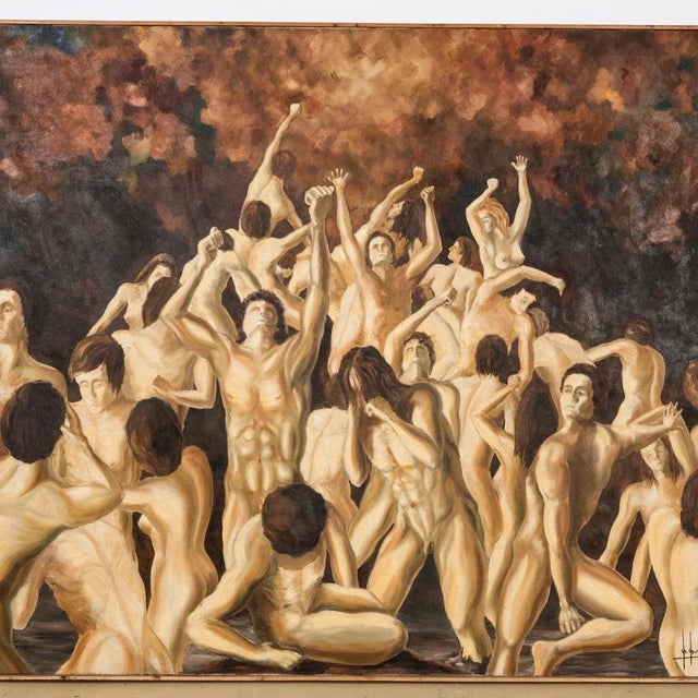 Striking, sizable vintage oil on canvas artwork from the 1970s portraying a modern interpretation of Purgatory....