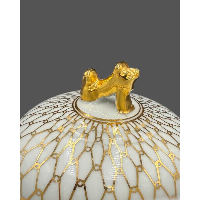 Vintage Gilt Porcelain Urns / Vases With Underplates, Foo Dog Finials and Flower Frogs Inserts, Set of 4 For Sale - Image 4 of 12