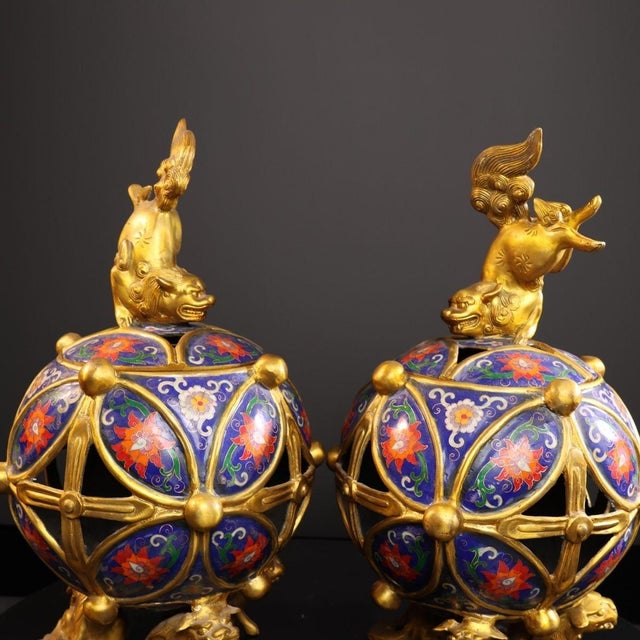 Pair of Chinese Cloisonné Incense Burners | Gilt Bronze Lion & Brocade Ball Motif For Sale In Los Angeles - Image 6 of 9