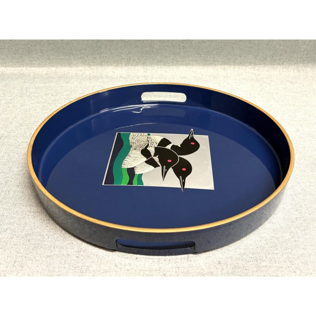 Vintage Otagiri lacquer tray with a duck motif in royal blue with gold accents. The round tray is large (12") and has two...