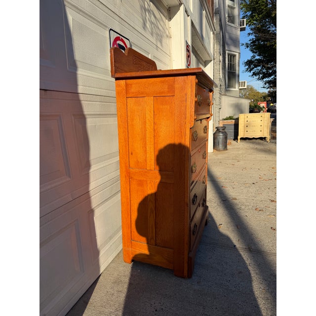Antique Victorian Eastlake Oak Highboy Dresser With Knapp Joints and Carved Sunburst Crest For Sale - Image 4 of 12