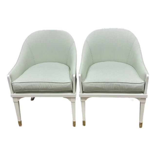 Hickory Chair “Warren” Neoclassical Gondola Dining or Accent Chairs- Pair in Bm White Dove With Kravet Leaf Green Stipe For Sale