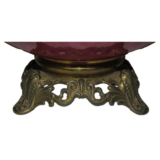 Red 19th C. Oil Kerosene Lamp Base W/ Font Gone With the Wind Banquet Antique Victorian Morning Glories For Sale - Image 8 of 8