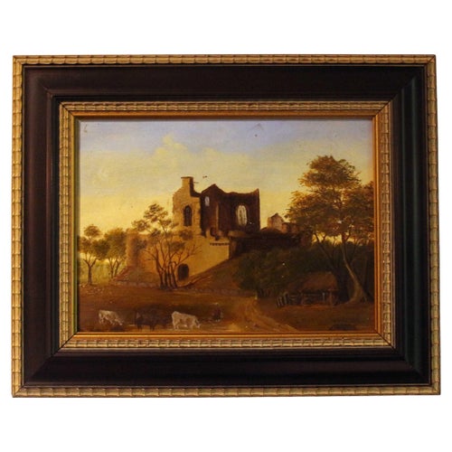 19th Century Italian School Oil Painting Ruins on a Hillside