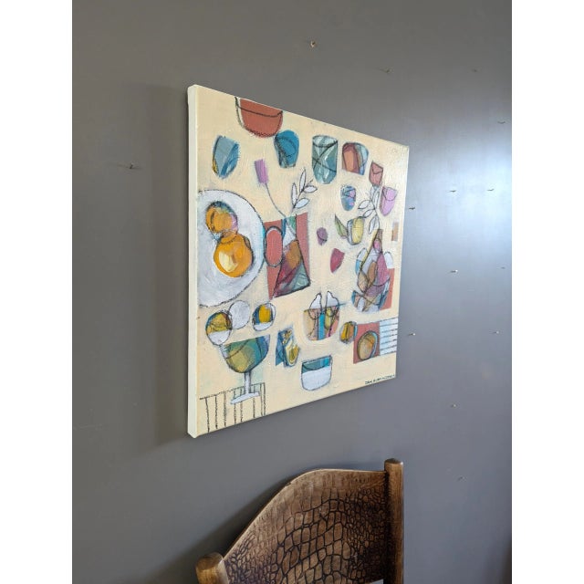 Contemporary 'The Party' Original Abstract Still Life Acrylic and Oil Pastel Painting, Framed For Sale - Image 4 of 8