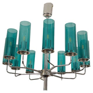 Mid-Century Brass & Blue Glass Model T434 12 Chandelier by Hans-Agne Jakobsson for Hans-Agne Jakobsson AB Markaryd For Sale