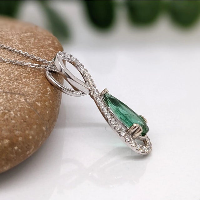 1ct Green Tourmaline Pendant with Earth Mined Diamonds in Solid 14K Gold Pear 11x5 For Sale - Image 10 of 10