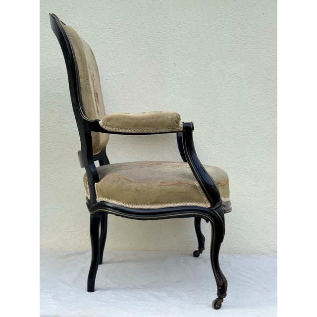Pair of Antique 19th Century Ebonized French Fauteuils W/Original Needlepoint Upholstery For Sale In Los Angeles - Image 6 of 11