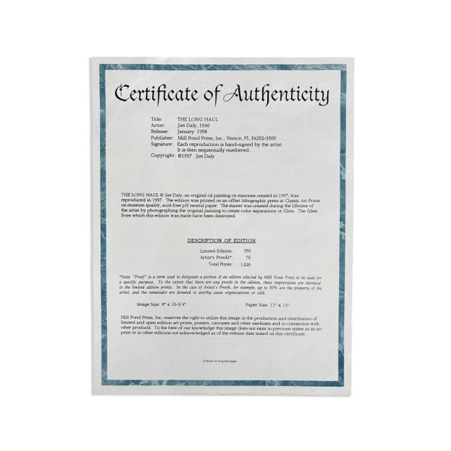 Realism Jim Daly the Long Haul Signed Contemporary Realism Lithograph 14/950 Framed 1998 For Sale - Image 3 of 7