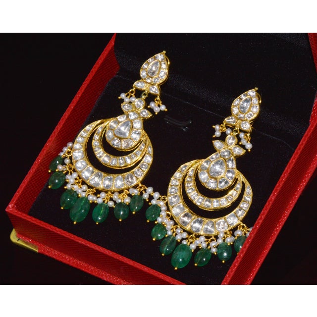Estate Natural 8.30ct Polki Diamond & 28.30ct Emerald 22k & 18k Gold Chandelier Earrings, Pair For Sale - Image 12 of 13