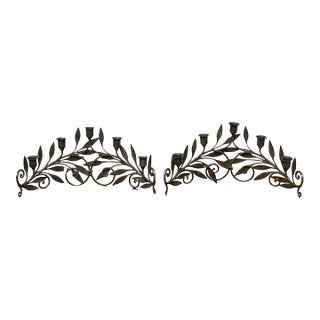 Pair of French Midcentury Iron Candleholders With Leaf and Scroll Motifs For Sale