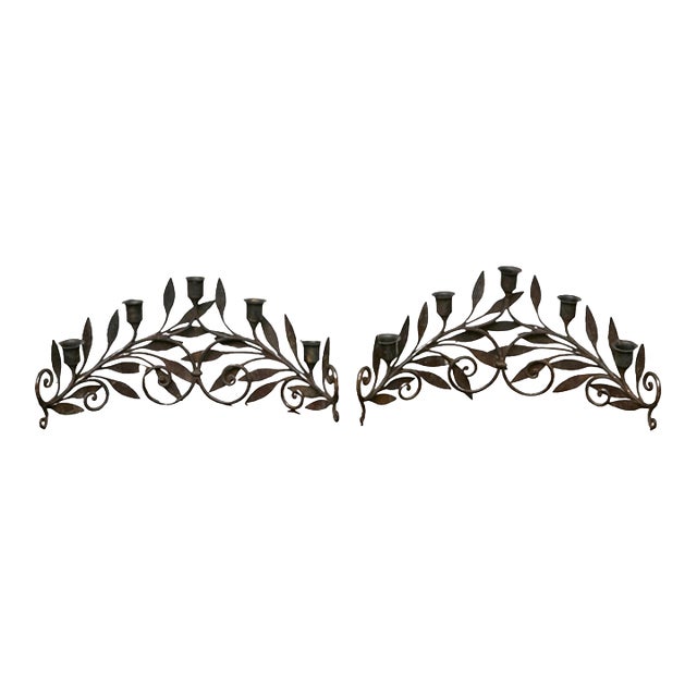 Pair of French Midcentury Iron Candleholders With Leaf and Scroll Motifs For Sale