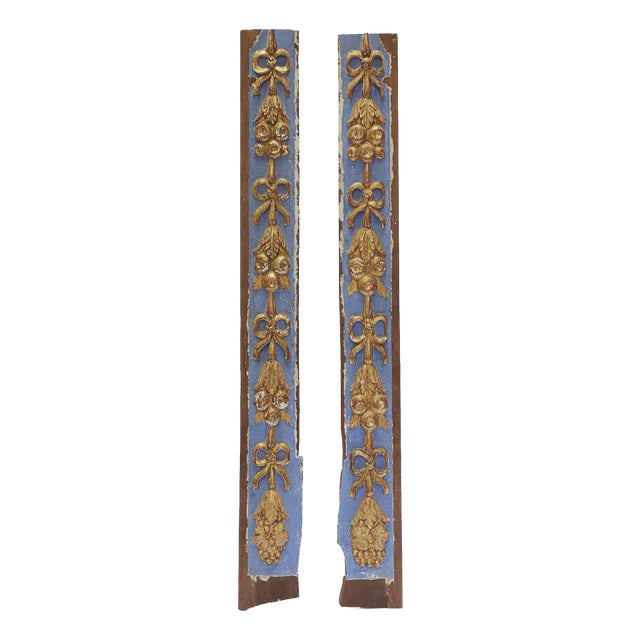 18th Century Friezes in Blue and Fine Gold Lacquered Carved Wood, Set of 2 For Sale