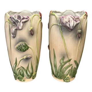 Large Art Nouveau Majolica Relief Floral Vases, 1890s, Set of 2 For Sale