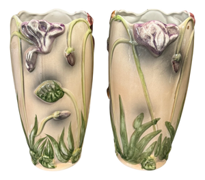 Large Art Nouveau Majolica Relief Floral Vases, 1890s, Set of 2